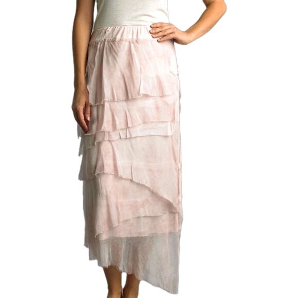 Tempo Paris Silk Angled Tiered Midi Skirt Pink Boho Euro Summer size small - Picture 2 of 10